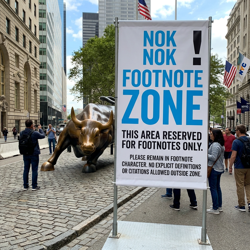 Sign reading 'Nok Nok Footnote Zone' next to Charging Bull sculpture on city street